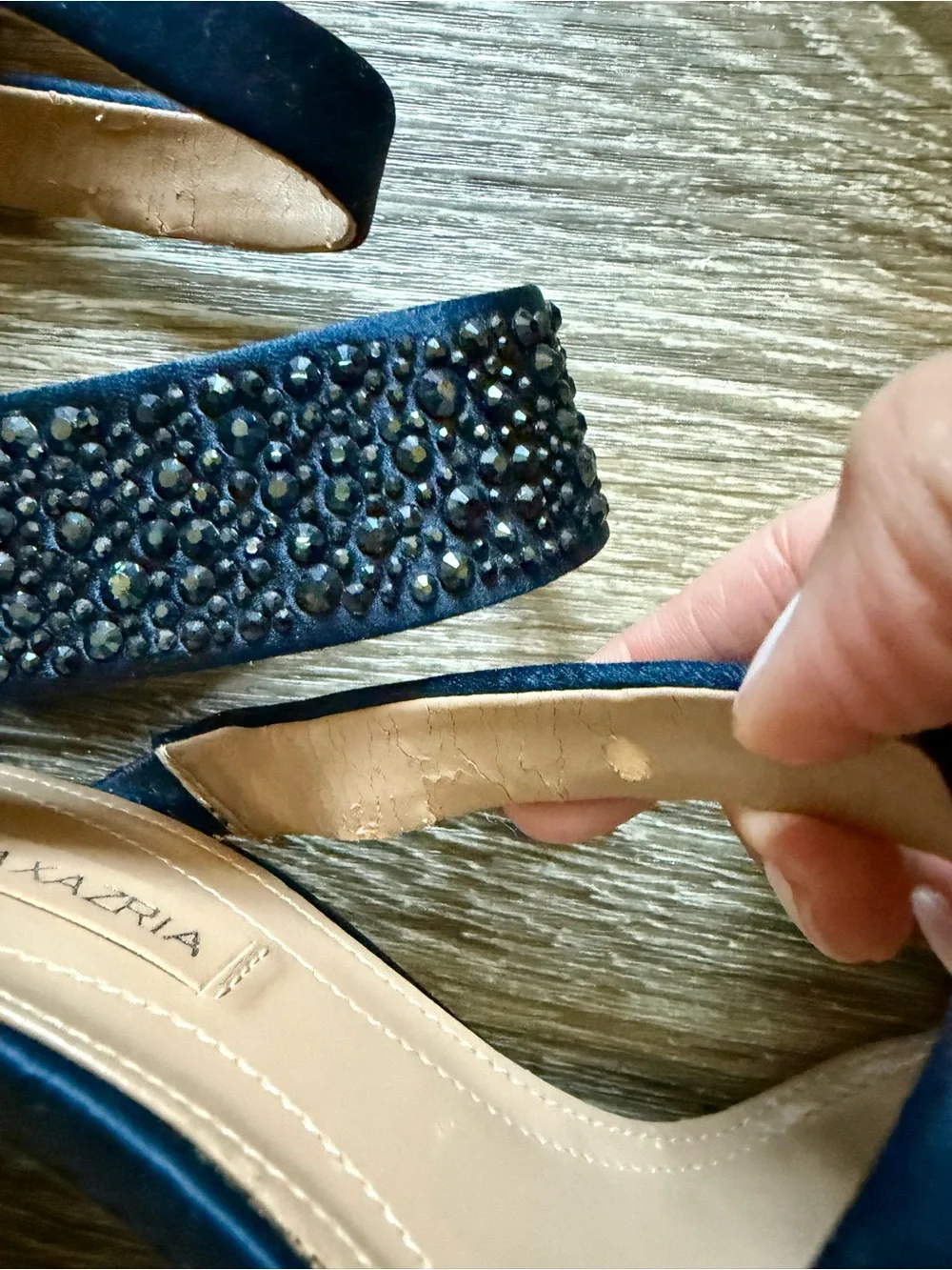 BCBGMAXAZRIA Navy Satin Crystal Heels Size 6 (100% Crystals Intact) + Dust Bag